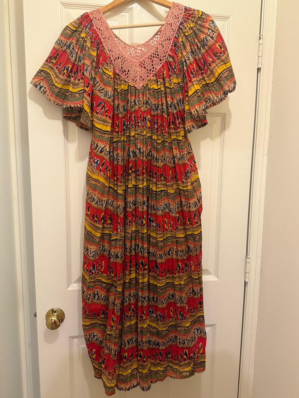 Elizabeth Lauren Pink Crochet Yoke Multicolor Striped Maxi Dress